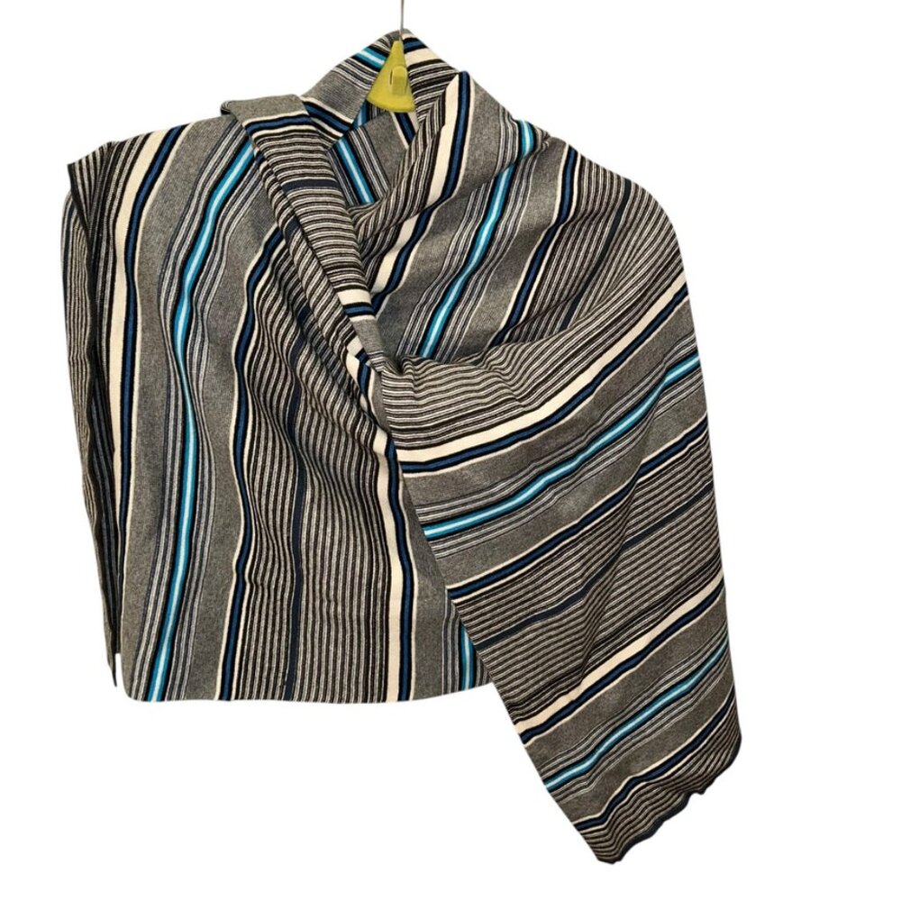 Black white turquoise striped cotton sweater knit scarf wrap